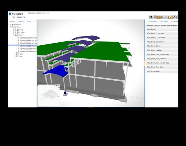 Trimble Viewpoint for Projects BIM screen showing a 3D building model and project information.