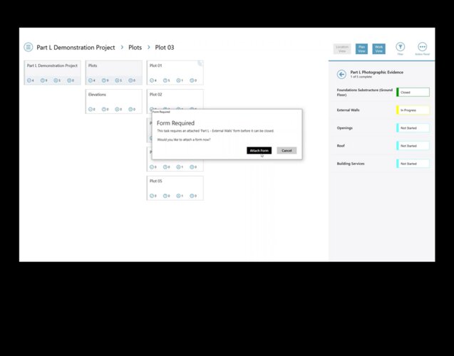 Trimble Viewpoint Compliance screen showing construction plots, inspection progress, and Part L requirements.