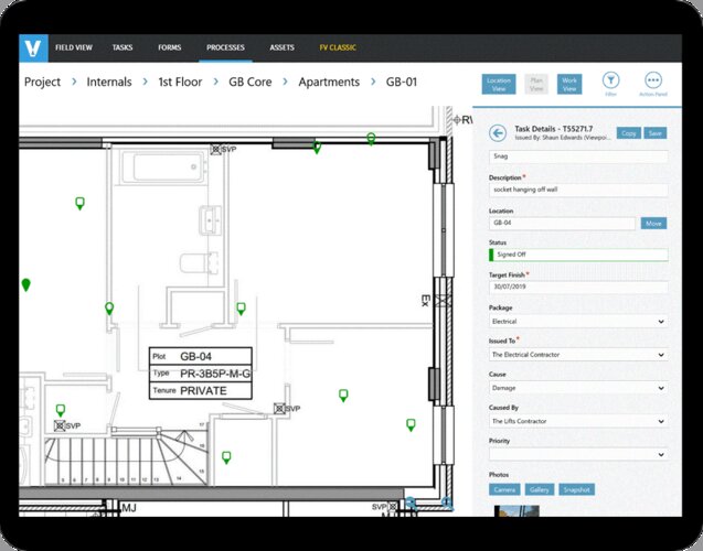 Trimble Viewpoint Field View screen showing a building floor plan with task details, status, and location.