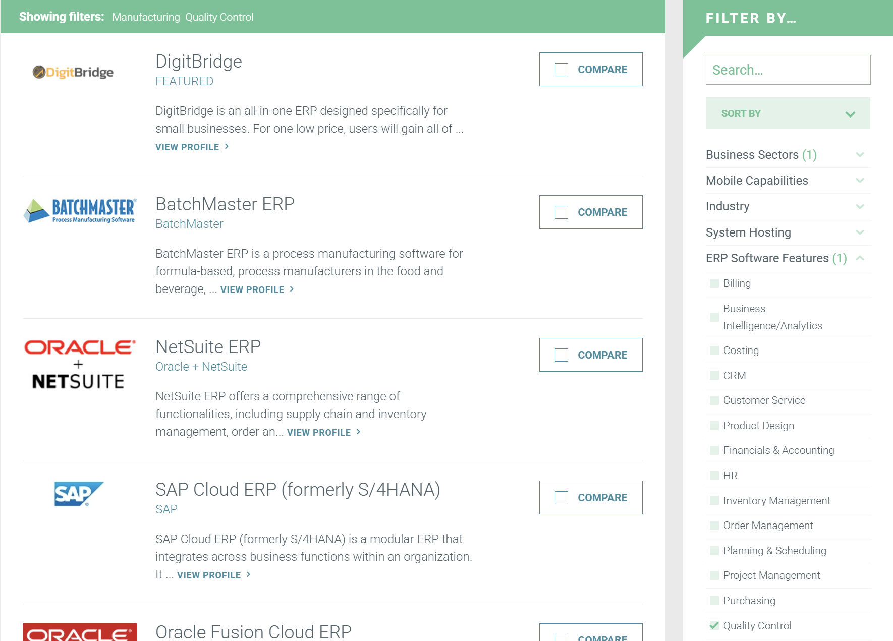 A screenshot of ERP Focus' manufacturing-specific ERP comparison tool, filtered by systems with quality control features