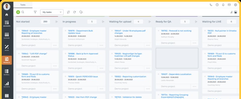 KPI.com's project management dashboard featuring lists named Not started, In progress, Waiting for upload, Ready for QA and Waiting for Live 